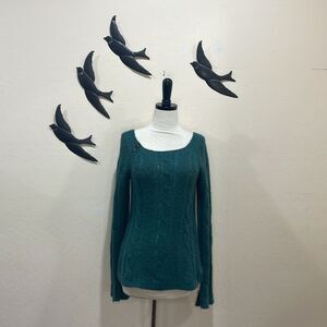 Wooden Ships Green Cable Knit Wool Blend Scoop Neck Sweater Button Trim - S /M